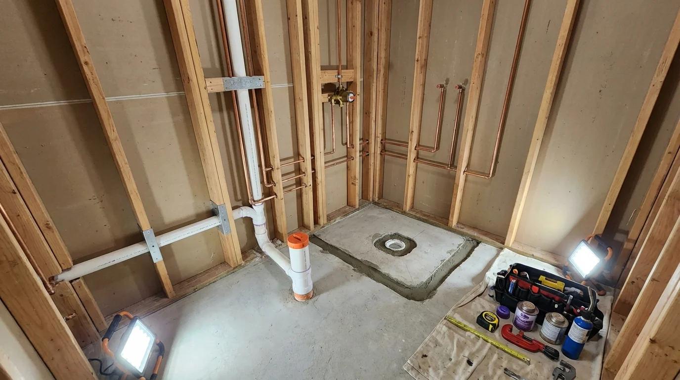 Bathroom rough-in plumbing during remodel by Johns Plumbing LLC in Monon