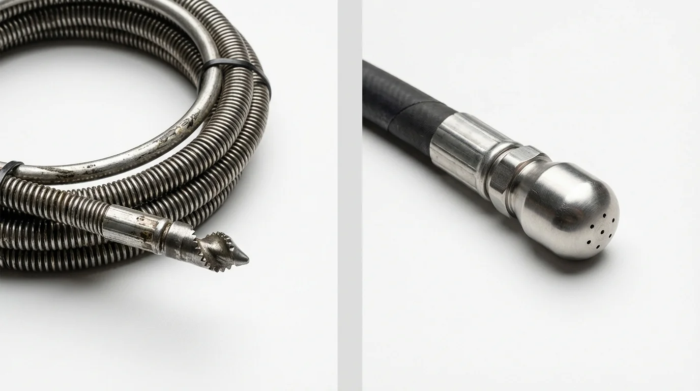Drain snake cable and hydro jetting nozzle used for drain cleaning in Monon, IN