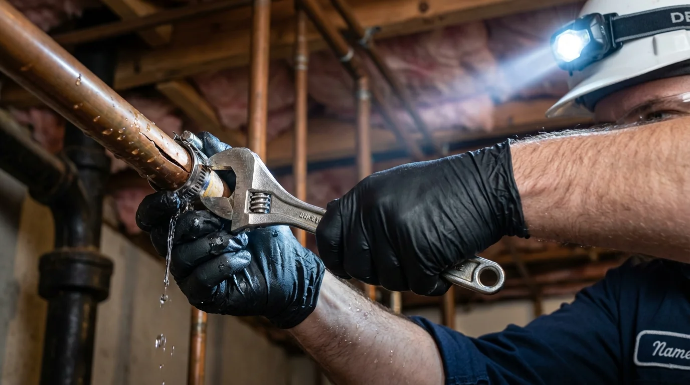 Emergency pipe clamp repair being performed by a Johns Plumbing LLC plumber in Monon