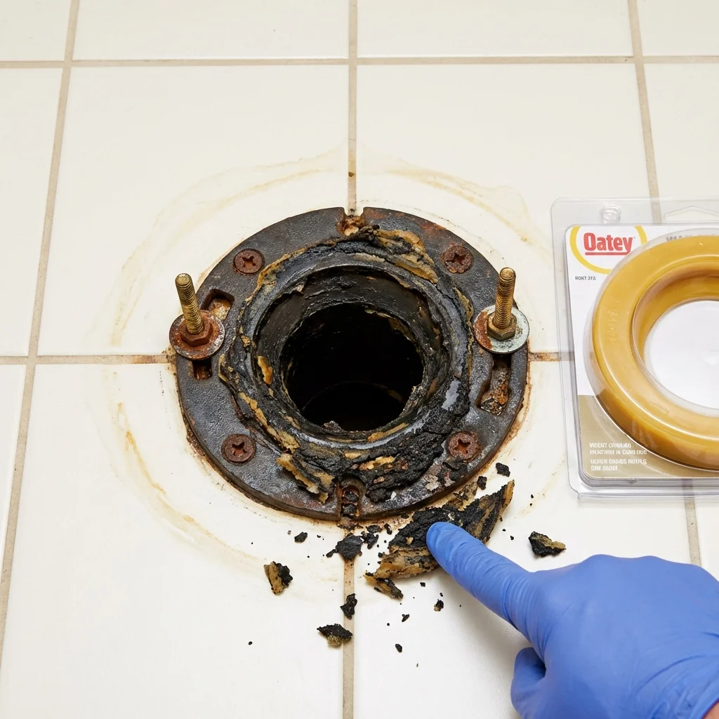Failed wax ring showing water seepage at the base of a toilet in a Monon, IN home