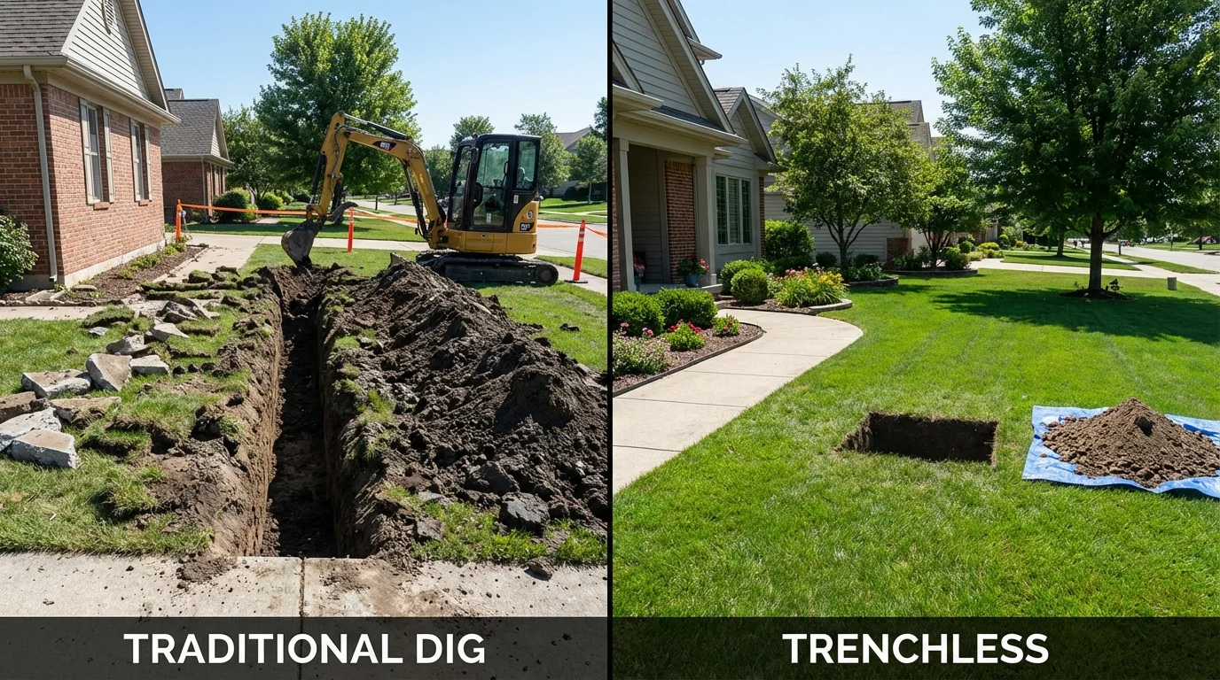 Trenchless sewer repair with minimal yard damage versus traditional excavation in Monon, IN