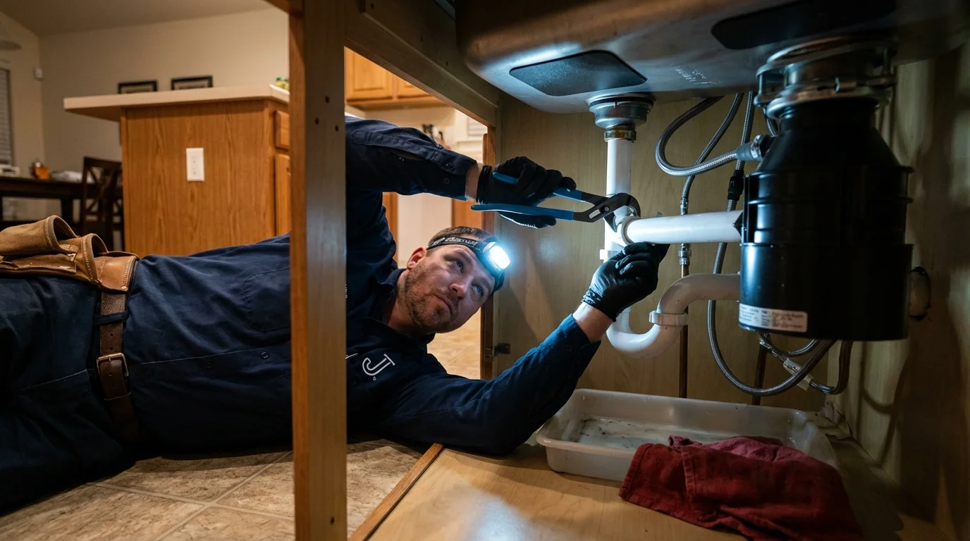 P-trap and supply line connections under a kitchen sink showing a common leak point in Monon, IN